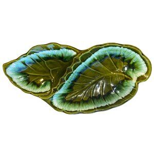Santa Anita Ware R-26 Green Leaf Divided Ceramic Serving Dish